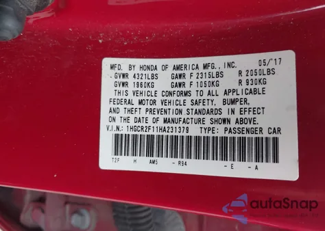 2017 Honda Accord Sport Se from USA, damaged, VIN 1HGCR2F11HA231379